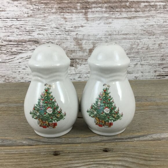 Vintage Christmas Tree Salt & Pepper Shakers Stoneware 3.75" Tall Holiday Decor - Picture 1 of 7